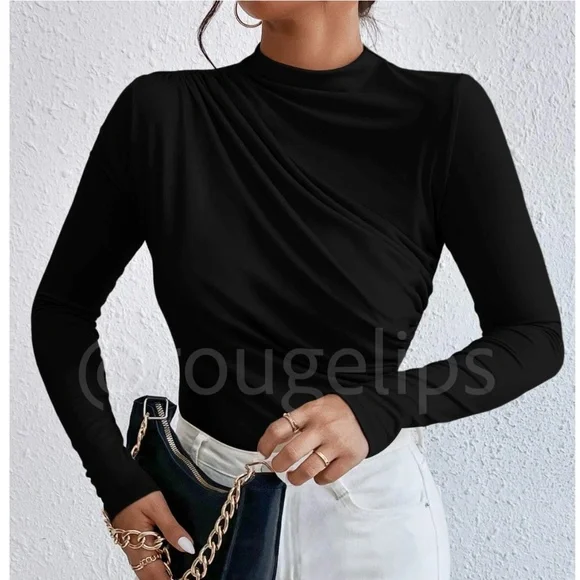 Ruched Asymmetric Black Long Sleeve Bodysuit - Picture 8 of 14